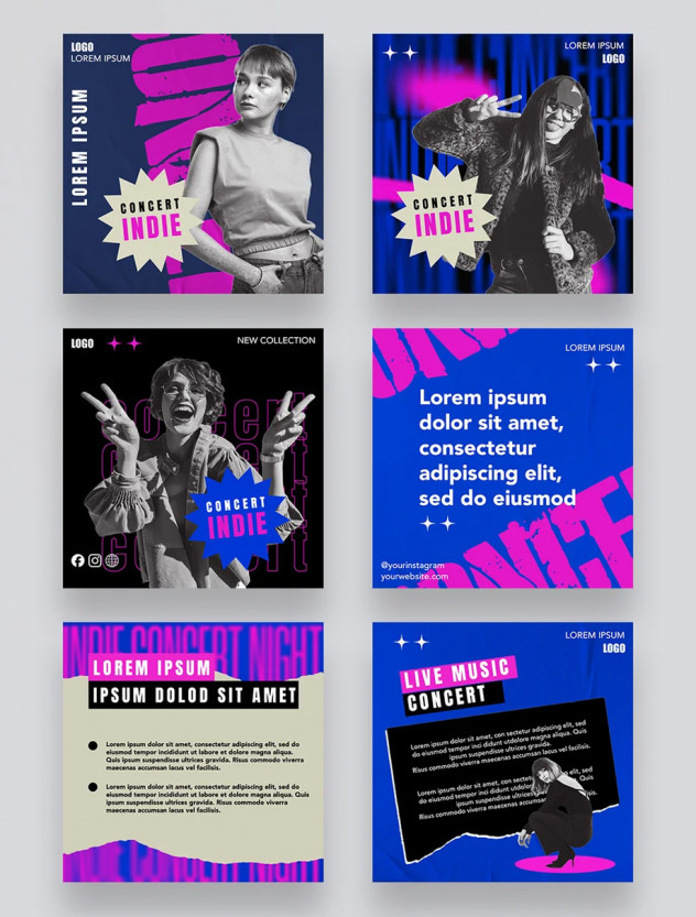 6 Indie Concert Music Social Media Post Templates PSD