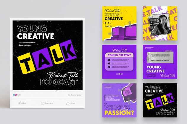 6 Podcast Talk Show Social Media Post Templates PSD - product preview 0