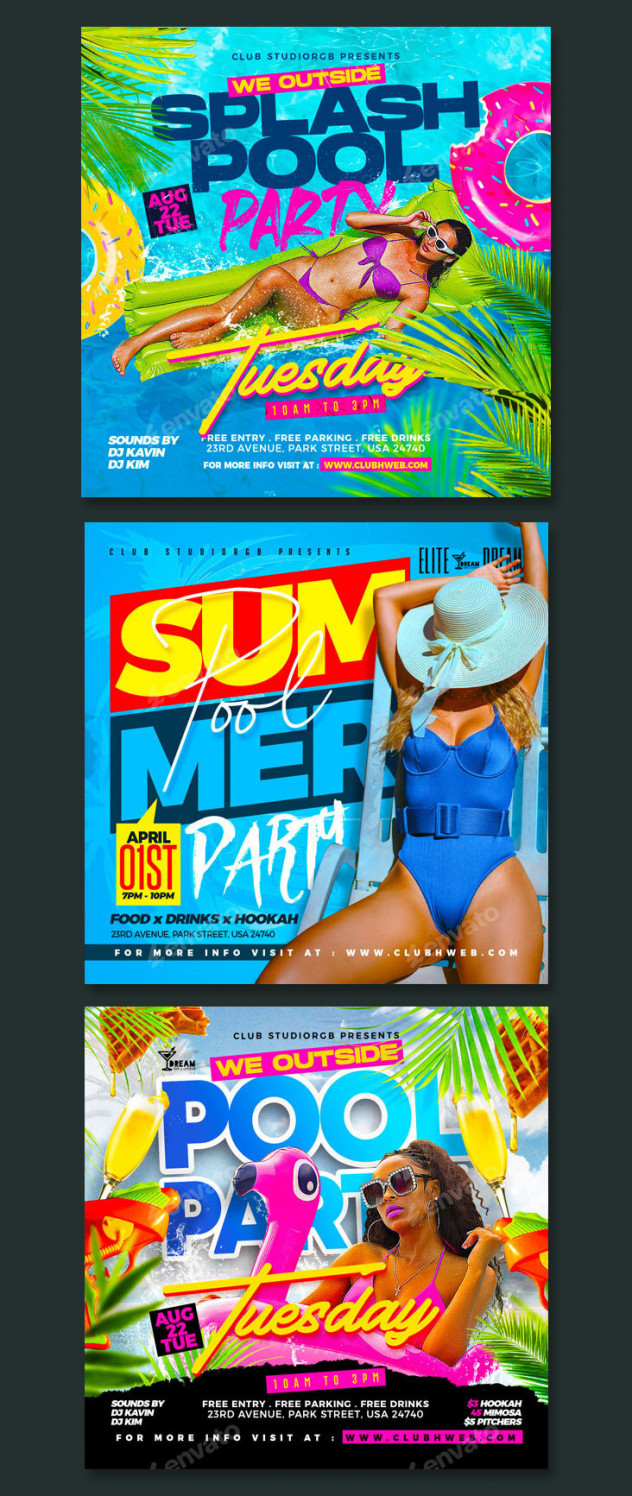 Preview of Pool Party Flyer and Social Media Post Templates PSD Bundle 3 in 1