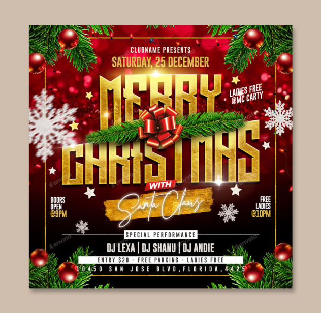 Merry Christmas Party Flyer and Instagram Post Template PSD