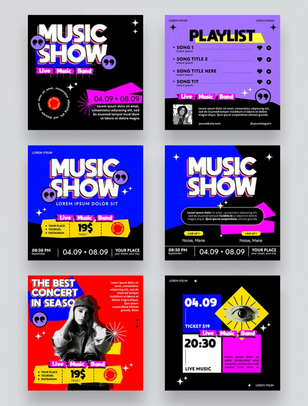 Vibrant Music Concert Social Media Post Templates PSD