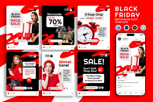 Preview of 6 Black Friday/Cyber Monday Instagram Story Templates (PSD & Canva, Retro-Bold)