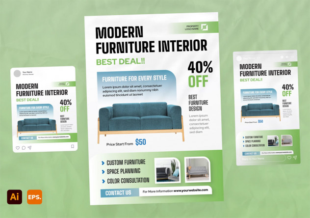Preview of Furniture Flyer and Instagram Post & Story Templates