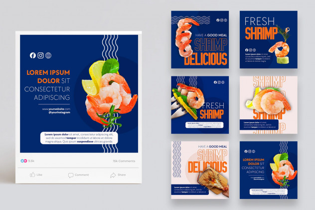 6 Seafood Social Media Post Templates PSD