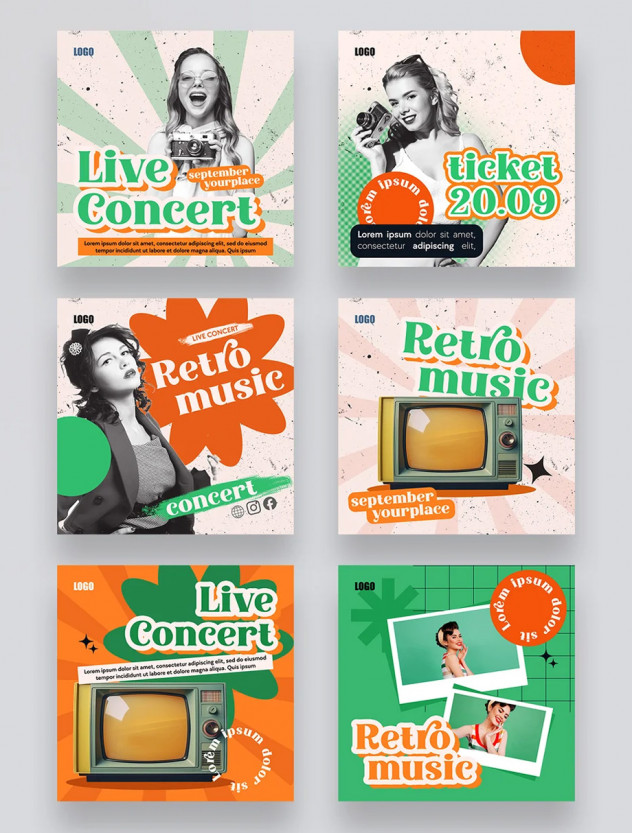 Retro Music Social Media Banner Posts PSD