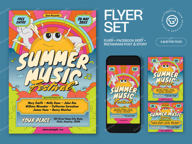 Preview of Orange Blue Summer Music Fest Flyer Template PSD, AI