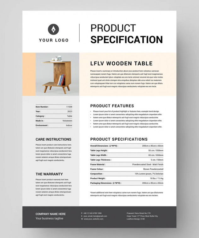 Preview of Professional Product Specification Sheet Template